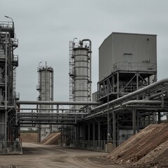 Obraz premium Industrial Plant with Metal Towers and Pipes Under Overcast Sky