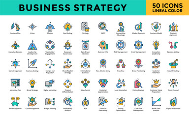 Business Strategy icons set with business plan, vision, mission, goal setting, strategy, swot, competitive advantage, market research, business model icon. Simple lineal color vector 
