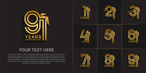 Anniversary logo style double line number set. gold color and golden ribbon for celebration event