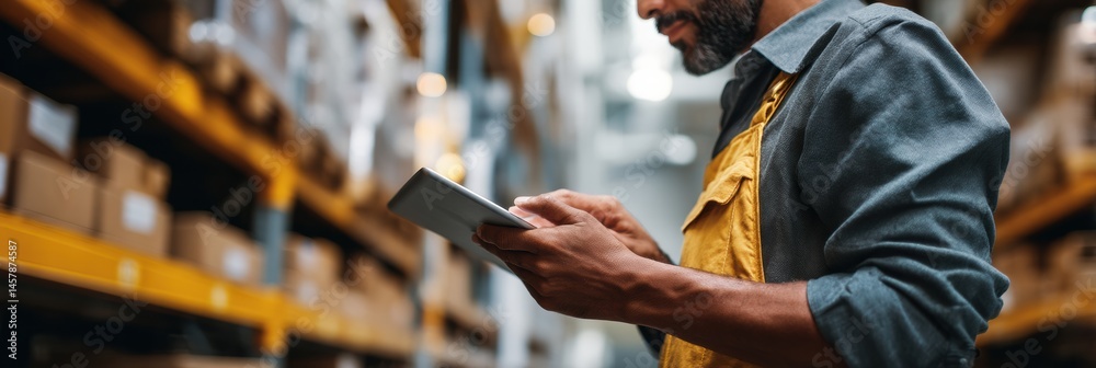 Fototapete Warehouse Worker Utilizing Digital Tablet for Item Scanning in Busy Storage Facility During Daylight Hours Generative AI