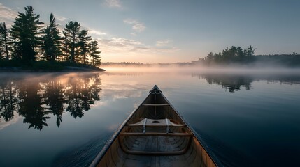Obraz premium Canoe on a still lake at sunrise with a misty horizon and surrounding trees.