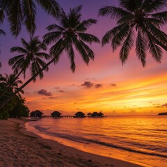 Fototapeta premium Vibrant Sunset Over Tropical Beach with Palm Trees
