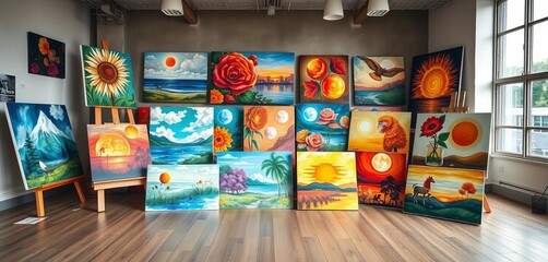 Paintings arranged on studio floor, diverse styles and colors, design, artist