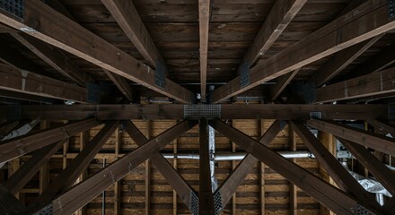 Obraz premium Intricate network of aged wooden beams and trusses forming the structural framework of a building's roof or attic space, showcasing rustic construction details.