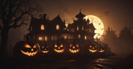 Spooky Halloween pumpkins, haunted house silhouettes, spooky, template, background