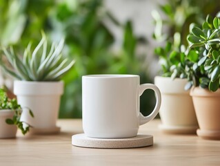 White mug sitting on a coaster with plants in the background view