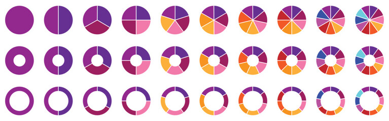 Fototapeta premium Circle pie chart diagram. 1,2,3,4,5,6,7,8,9,10,sections or steps. Colorful Pie chart set. Pie chart circle. Flat process cycle. Progress sectors. 