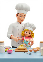 笑顔でクッキングする父と子供の3Dイラスト