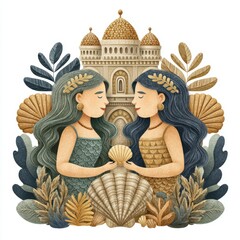 Fototapeta premium Two Women Holding Shell, Golden Architecture Background, Earthy Tones Illustration