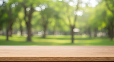 Empty wood table top with abstract blur park garden background. outside, template, autumn, old, landscape