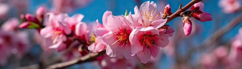 Fototapeta premium Blossoming apricot tree branches in sunlight with blurred sky concept. Beautiful pink cherry blossoms blooming in a sunny blue sky.
