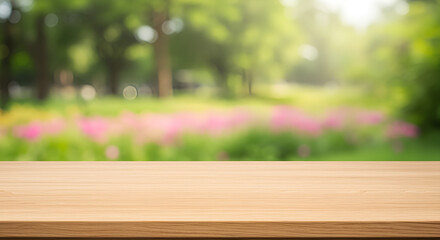 Empty wood table top with abstract blur park garden background. outside, template, autumn, old, landscape
