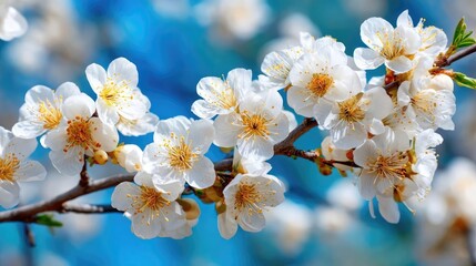 Fototapeta premium Blossoming apricot tree branches under blue sky with sunlight concept. Delicate white cherry blossoms blooming against a blue background.
