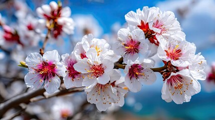 Obraz premium Blossoming apricot tree branches in sunlight with blurred sky concept. Beautiful cherry blossom flowers in full bloom under a blue sky.