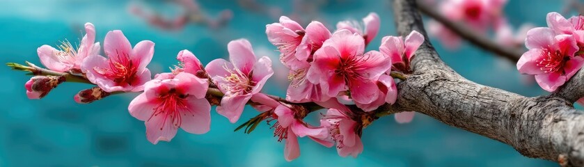 Fototapeta premium Blossoming apricot tree branches under blue sky with sunlight concept. Stunning cherry blossom branch against a serene blue backdrop.