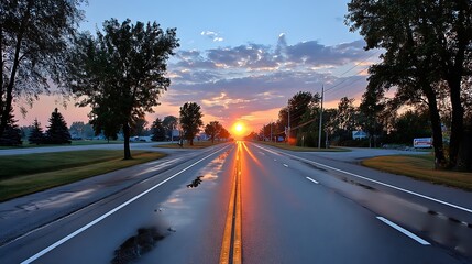 Serene Sunrise Over Open Road With Reflections on Wet Pavement and Lush Green Trees