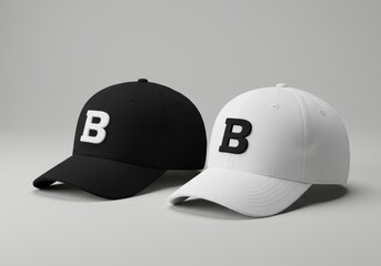 Two caps with letter b, one black and one white, against a gray background