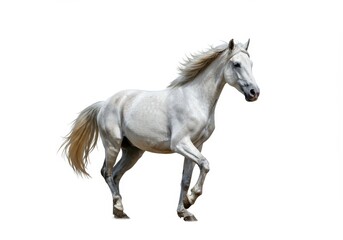 Obraz premium White horse running isolated on white background showing movement and grace of the animal