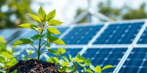 Eco-friendly financial portfolio; growing plant, solar panel, wind turbine, leaves, future, chart