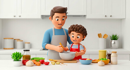 笑顔でクッキングする父と子供の3Dイラスト