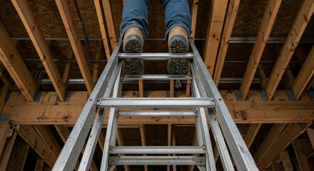 Low angle view of a person wearing sturdy work boots standing on a metal ladder inside a building under construction, revealing exposed wooden beams and ceiling joists above.