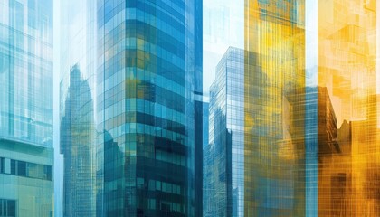 Modern Abstract City Buildings with Blue and Yellow Overlay Corporate Urban Architecture