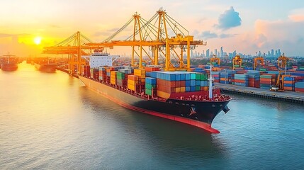 Fototapeta premium Container ship sunset port import export
