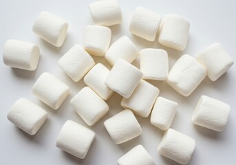 Pile of white marshmallows scattered on a white surface