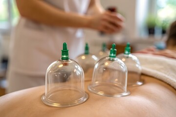 Clear cupping therapy cups are placed on the back of a patient for treatment