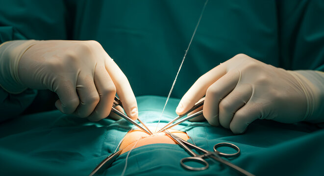 Surgical Hands in Gloves Performing Precise Operation with Instruments and Green Drapes Under Bright Lights