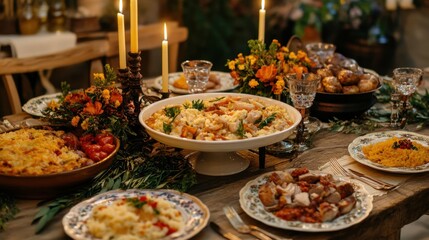 Obraz premium Elegant Dinner Table Setting with Candles and Delicious Food for a Festive Celebration