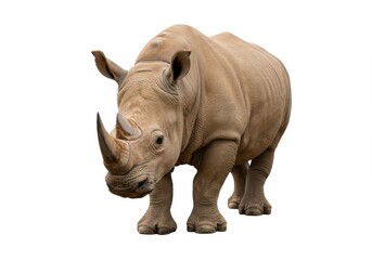Obraz premium Rhino standing isolated on white background in full view, facing the camera