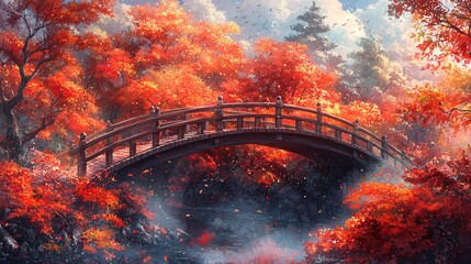 Autumn red leaves, small bridges and flowing water
