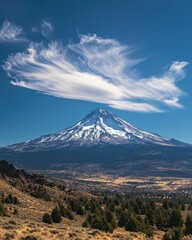 Majestic Mountain Peak Under a Dramatic Sky with Wispy Clouds on a Sunny Day in the Wilderness