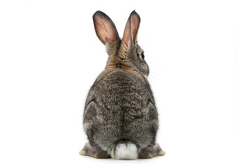 Back view of a brown rabbit sitting with its ears up against a white background