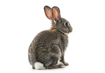 Gray rabbit sitting with its back to the camera on a white background