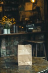 Brown paper bag on wooden table in cafe, low angle, moody lighting, indoor setting, rustic charm, food delivery concept