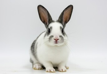 Obraz premium Portrait of a cute white and gray rabbit sitting on a white background