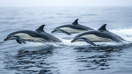 Fototapeta premium Three Pacific White-sided Dolphins Leaping in the Ocean