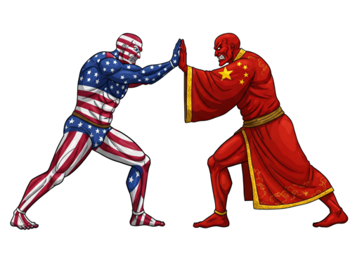 Symbolic Confrontation Between United States and China Depicted as Superhuman Figures in a Face-Off Representing Geopolitical Tension and Rivalry