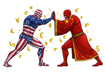 Symbolic Confrontation Between United States and China Depicted as Superhuman Figures in a Face-Off Representing Geopolitical Tension and Rivalry