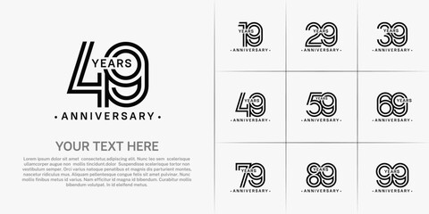 Anniversary logo style double line number set. black color on white background for celebration event