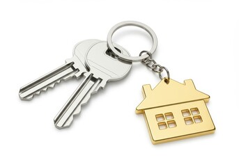 Keys with house shaped keychain on white background