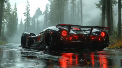 Futuristic Car with Rainy Forest Road.