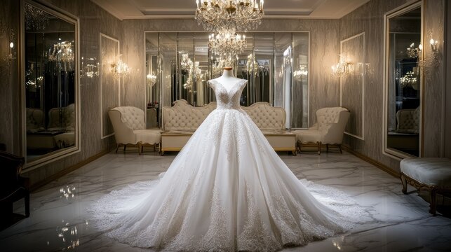 Elegant white wedding gown in upscale bridal shop