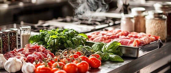 Culinary composition: raw ingredients, spices, and fresh herbs, on kitchen counter