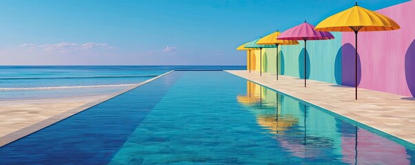 Fototapeta premium Pink summer vacation with nobody at pastel beach pool concept. Vibrant poolside with colorful umbrellas against a stunning seascape.