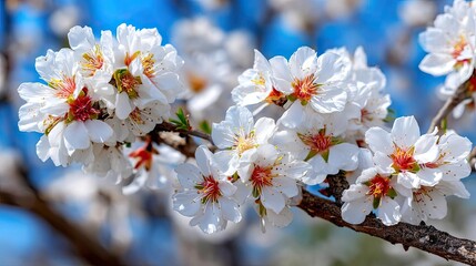 Obraz premium Blossoming apricot tree branches in sunlight with blurred sky concept. Delicate white blossoms on a branch against a clear blue sky.
