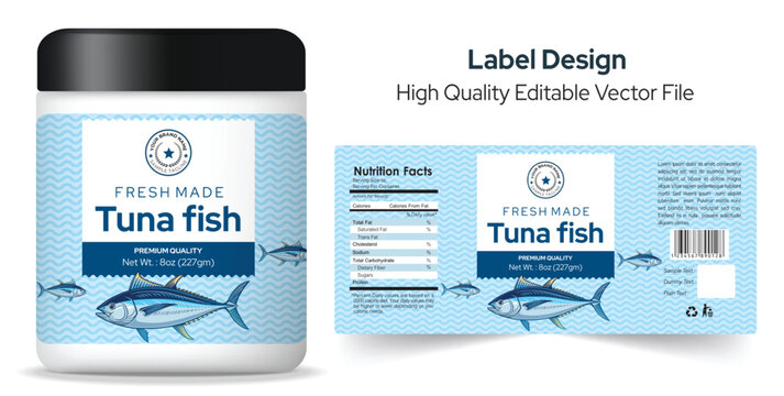 Tuna fish label design, fresh seafood packaging label design, tuna fish jar packaging vector illustration, freeze dried fish vector layout print ready flle editable layout