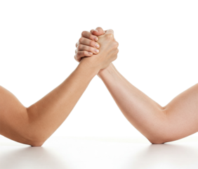 Forearms and Interlocked Hands: A Close-Up Depicting Two Individuals in a Potential Test of Strength or a Moment of Shared Connection Against a White Background